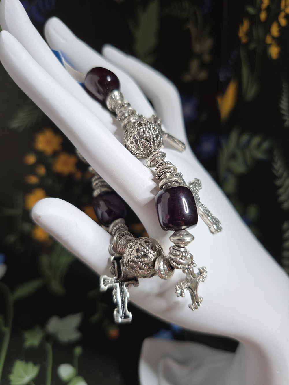 Vintage Charm Bracelet With Crosses And Dark Red Beads With Tag Read Desc